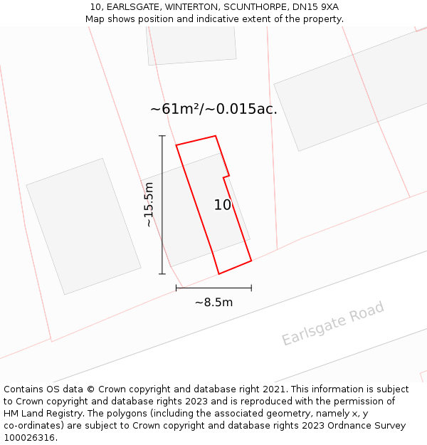 10, EARLSGATE, WINTERTON, SCUNTHORPE, DN15 9XA: Plot and title map