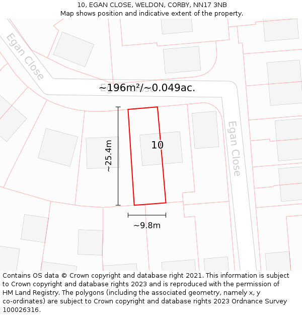10, EGAN CLOSE, WELDON, CORBY, NN17 3NB: Plot and title map