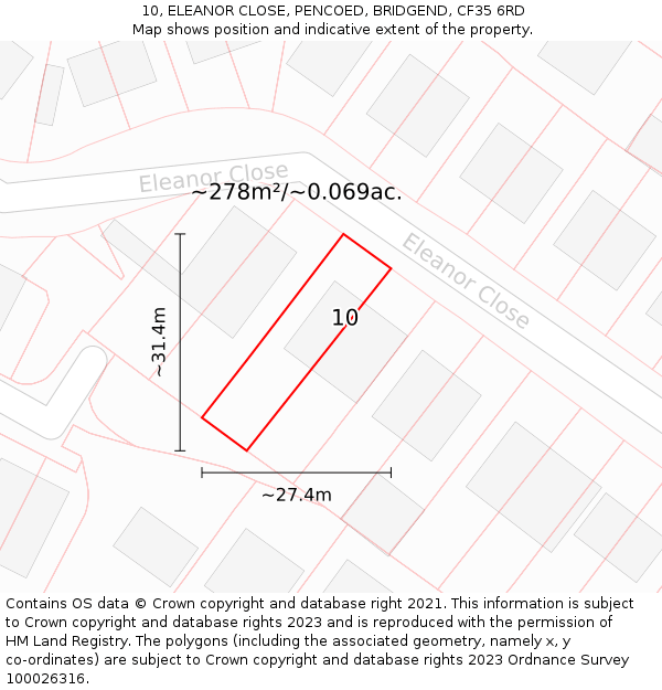 10, ELEANOR CLOSE, PENCOED, BRIDGEND, CF35 6RD: Plot and title map