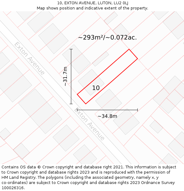 10, EXTON AVENUE, LUTON, LU2 0LJ: Plot and title map