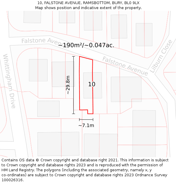 10, FALSTONE AVENUE, RAMSBOTTOM, BURY, BL0 9LX: Plot and title map