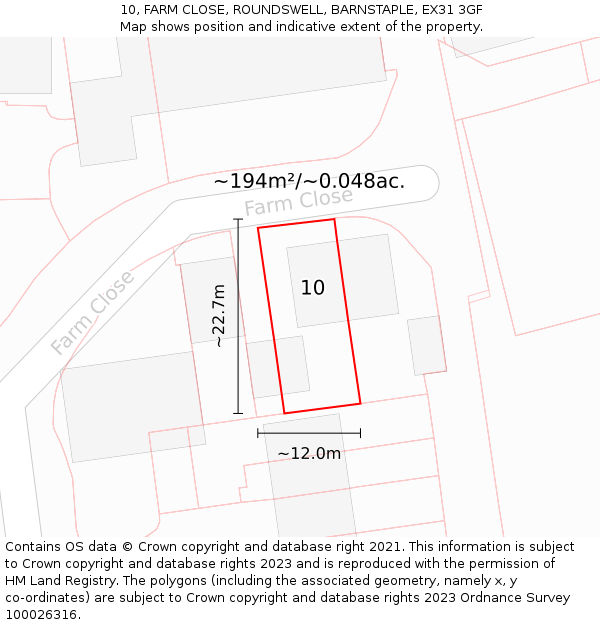10, FARM CLOSE, ROUNDSWELL, BARNSTAPLE, EX31 3GF: Plot and title map