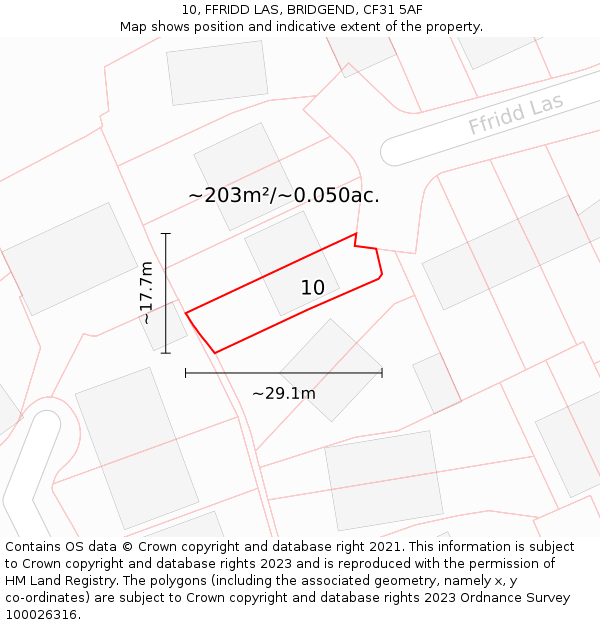 10, FFRIDD LAS, BRIDGEND, CF31 5AF: Plot and title map