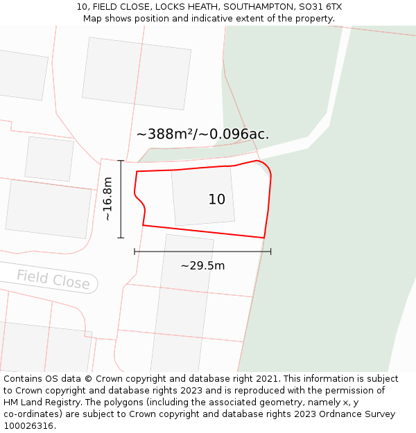 10, FIELD CLOSE, LOCKS HEATH, SOUTHAMPTON, SO31 6TX: Plot and title map