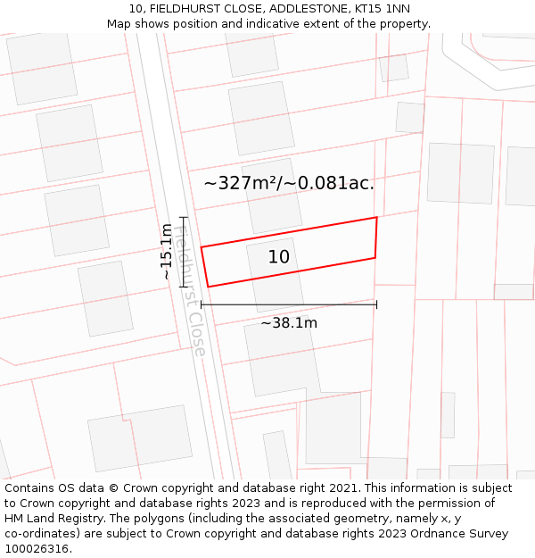 10, FIELDHURST CLOSE, ADDLESTONE, KT15 1NN: Plot and title map