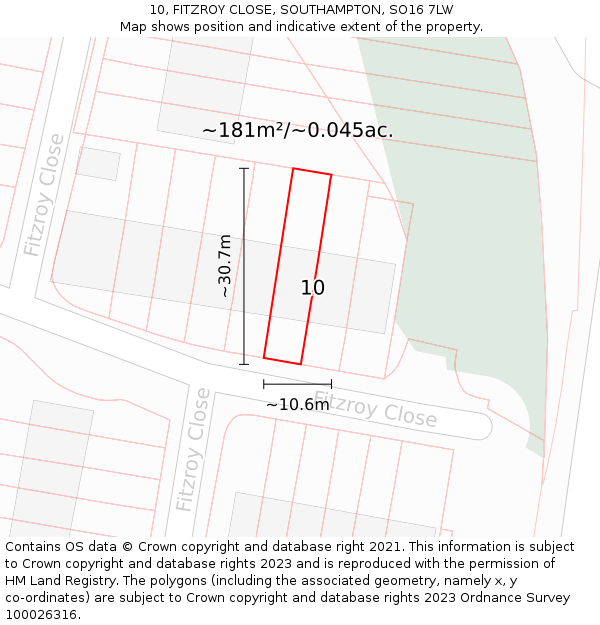 10, FITZROY CLOSE, SOUTHAMPTON, SO16 7LW: Plot and title map