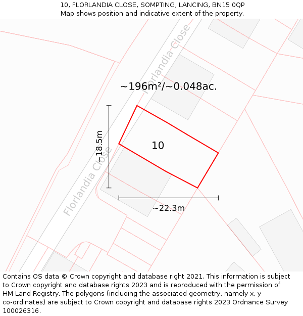 10, FLORLANDIA CLOSE, SOMPTING, LANCING, BN15 0QP: Plot and title map
