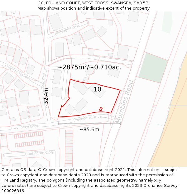 10, FOLLAND COURT, WEST CROSS, SWANSEA, SA3 5BJ: Plot and title map