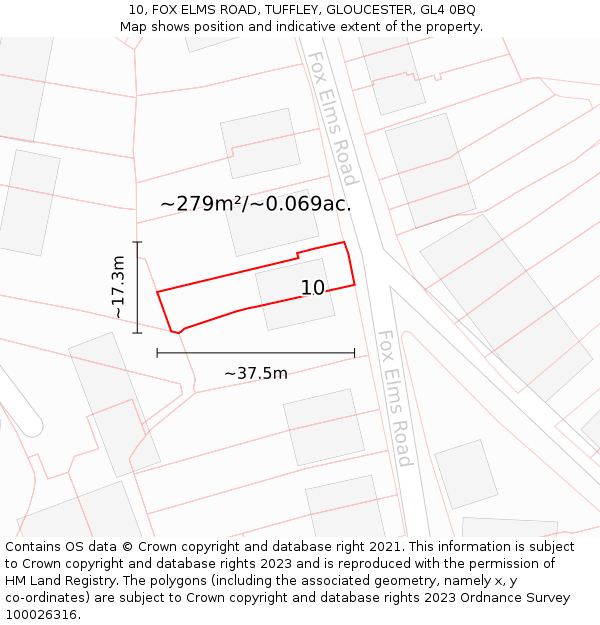 10, FOX ELMS ROAD, TUFFLEY, GLOUCESTER, GL4 0BQ: Plot and title map