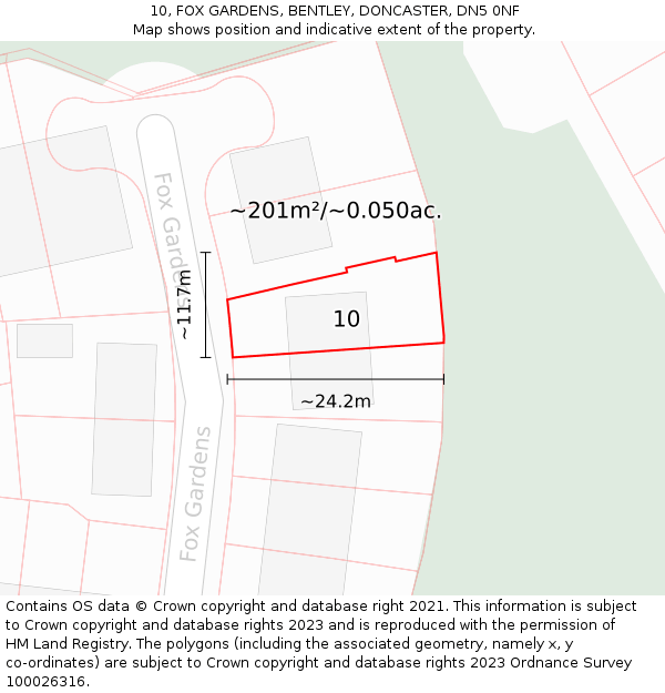 10, FOX GARDENS, BENTLEY, DONCASTER, DN5 0NF: Plot and title map