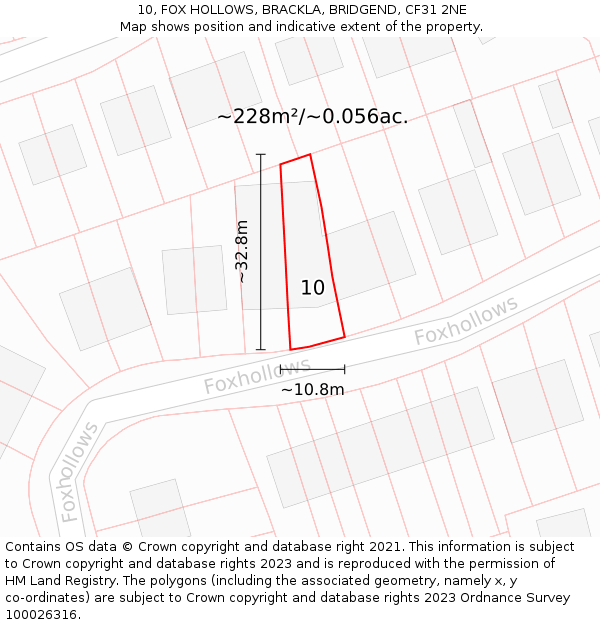 10, FOX HOLLOWS, BRACKLA, BRIDGEND, CF31 2NE: Plot and title map