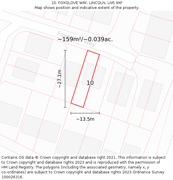 10, FOXGLOVE WAY, LINCOLN, LN5 9XF: Plot and title map