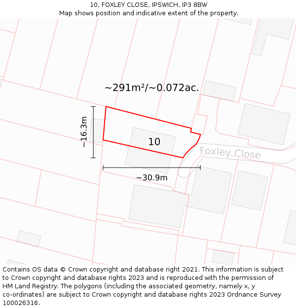 10, FOXLEY CLOSE, IPSWICH, IP3 8BW: Plot and title map