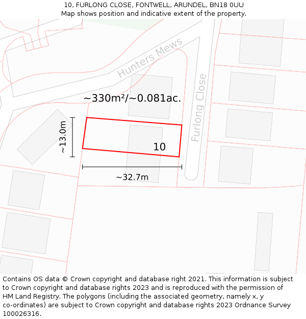 10, FURLONG CLOSE, FONTWELL, ARUNDEL, BN18 0UU: Plot and title map