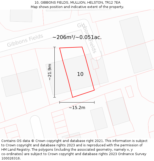 10, GIBBONS FIELDS, MULLION, HELSTON, TR12 7EA: Plot and title map