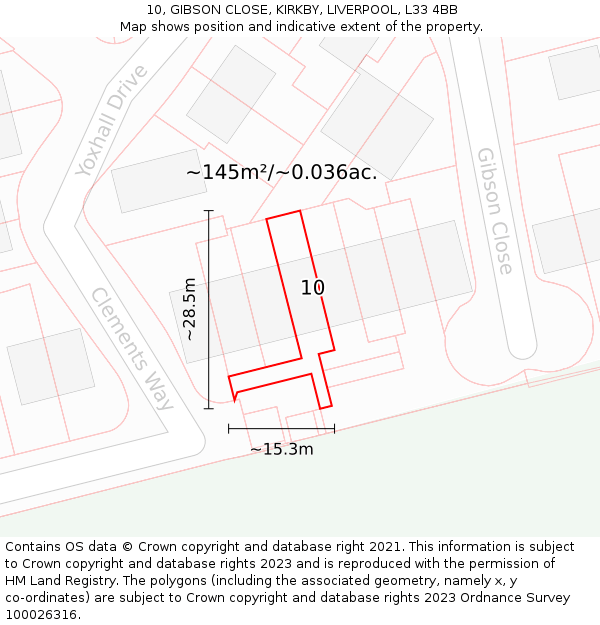 10, GIBSON CLOSE, KIRKBY, LIVERPOOL, L33 4BB: Plot and title map