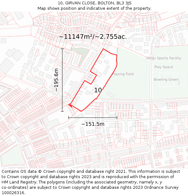 10, GIRVAN CLOSE, BOLTON, BL3 3JS: Plot and title map