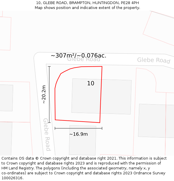 10, GLEBE ROAD, BRAMPTON, HUNTINGDON, PE28 4PH: Plot and title map