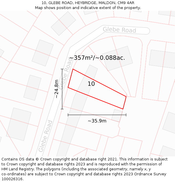 10, GLEBE ROAD, HEYBRIDGE, MALDON, CM9 4AR: Plot and title map