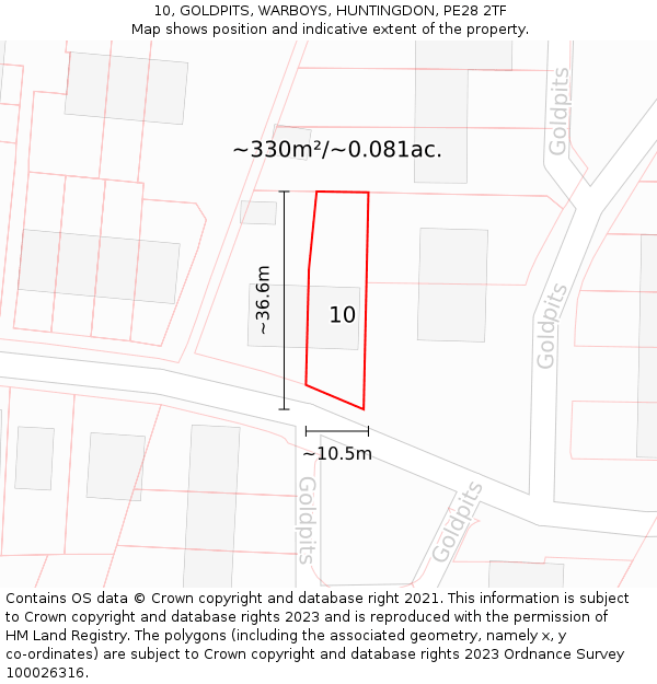 10, GOLDPITS, WARBOYS, HUNTINGDON, PE28 2TF: Plot and title map