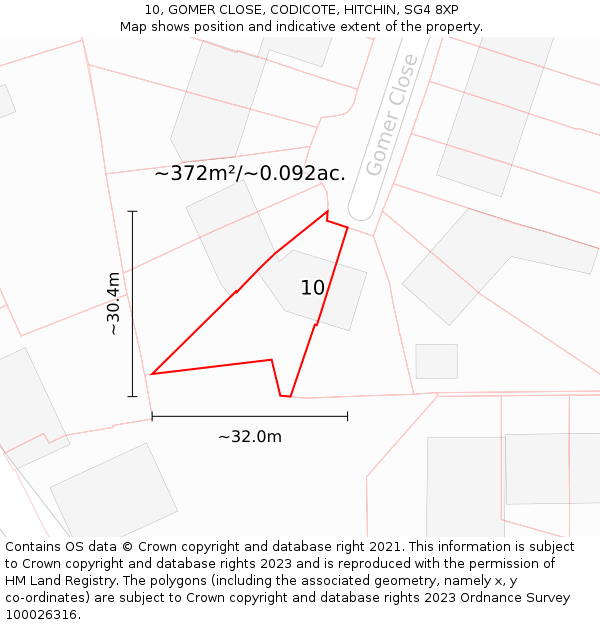 10, GOMER CLOSE, CODICOTE, HITCHIN, SG4 8XP: Plot and title map