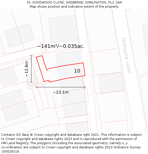 10, GOODWOOD CLOSE, SADBERGE, DARLINGTON, DL2 1WA: Plot and title map