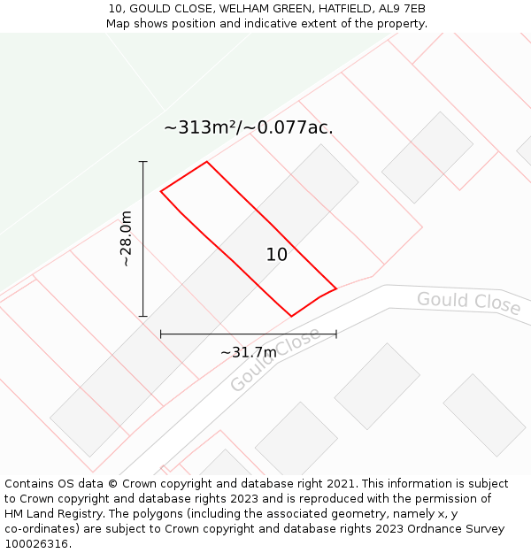 10, GOULD CLOSE, WELHAM GREEN, HATFIELD, AL9 7EB: Plot and title map