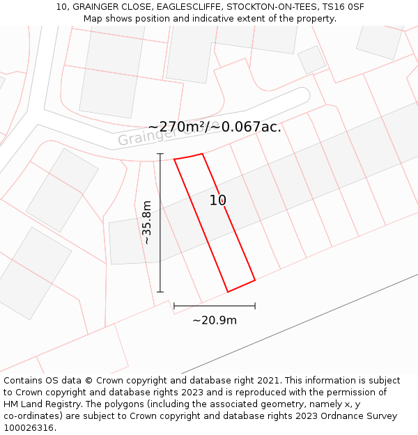 10, GRAINGER CLOSE, EAGLESCLIFFE, STOCKTON-ON-TEES, TS16 0SF: Plot and title map