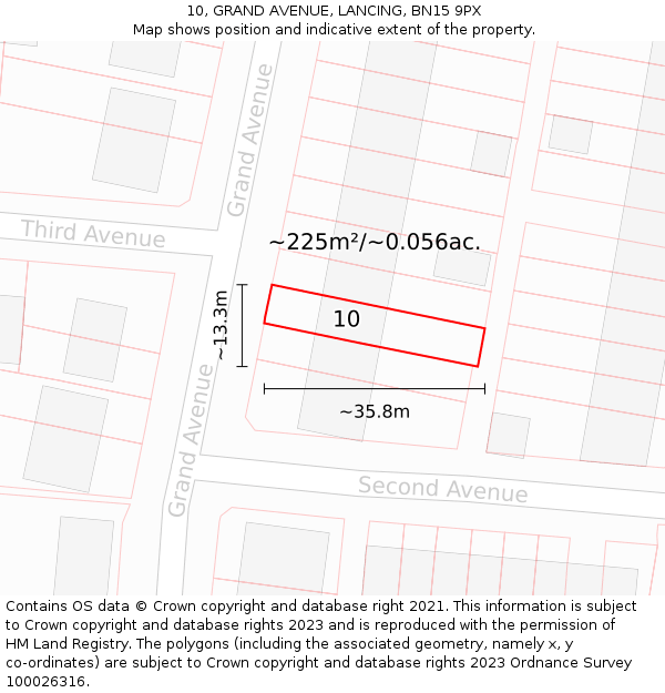 10, GRAND AVENUE, LANCING, BN15 9PX: Plot and title map