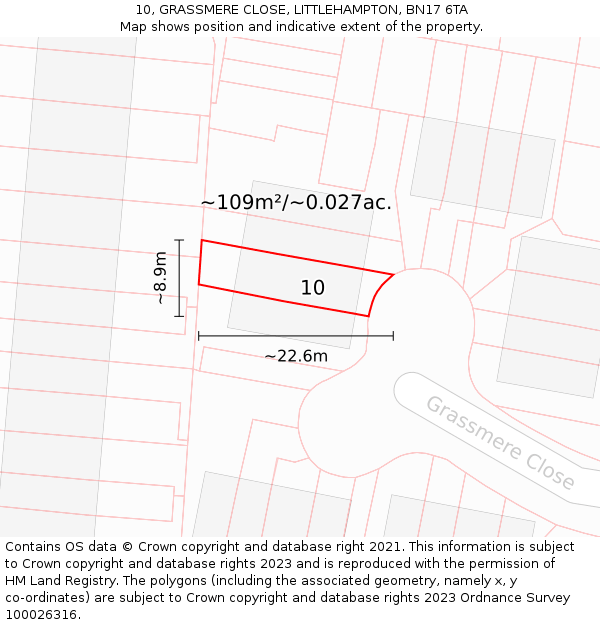 10, GRASSMERE CLOSE, LITTLEHAMPTON, BN17 6TA: Plot and title map