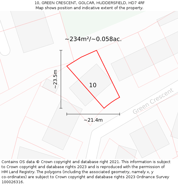 10, GREEN CRESCENT, GOLCAR, HUDDERSFIELD, HD7 4RF: Plot and title map