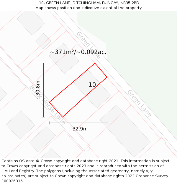 10, GREEN LANE, DITCHINGHAM, BUNGAY, NR35 2RD: Plot and title map