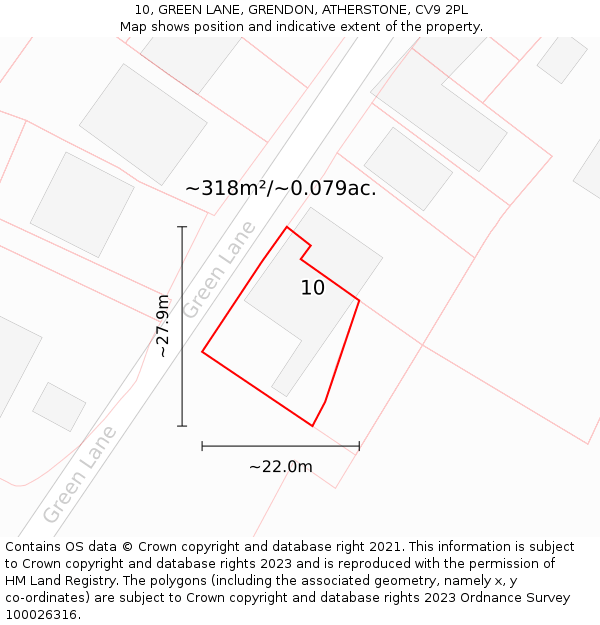 10, GREEN LANE, GRENDON, ATHERSTONE, CV9 2PL: Plot and title map