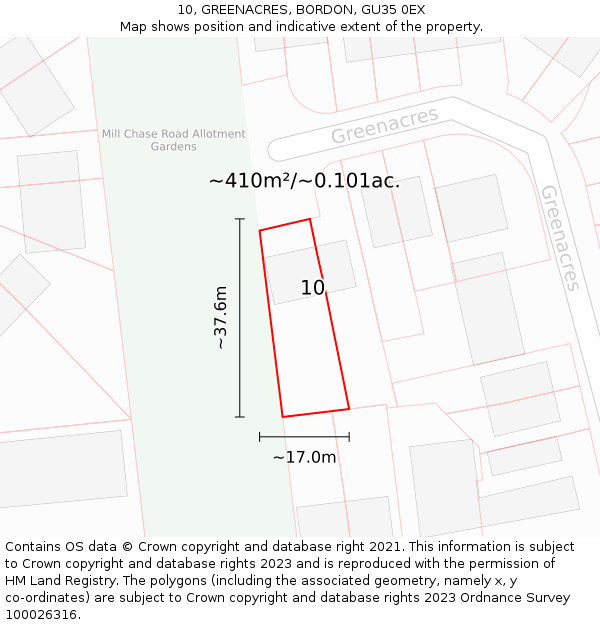10, GREENACRES, BORDON, GU35 0EX: Plot and title map