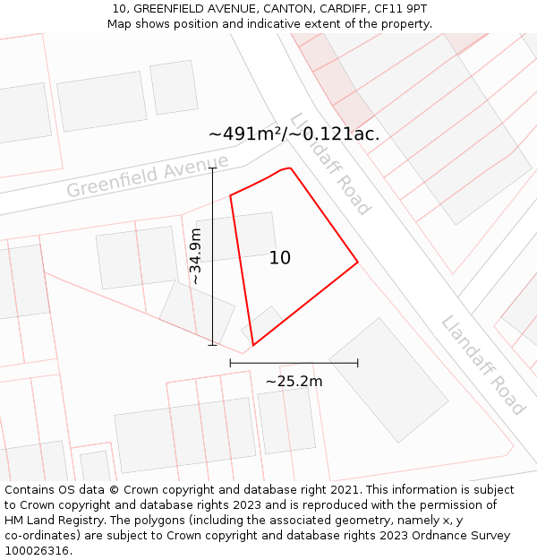 10, GREENFIELD AVENUE, CANTON, CARDIFF, CF11 9PT: Plot and title map