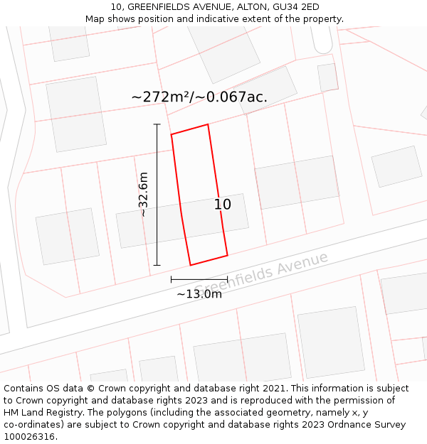 10, GREENFIELDS AVENUE, ALTON, GU34 2ED: Plot and title map