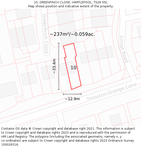 10, GREENFINCH CLOSE, HARTLEPOOL, TS26 0SL: Plot and title map