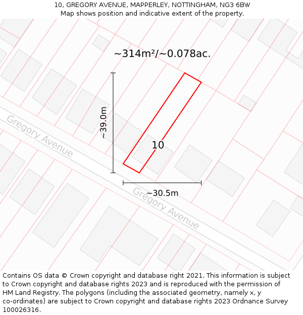 10, GREGORY AVENUE, MAPPERLEY, NOTTINGHAM, NG3 6BW: Plot and title map
