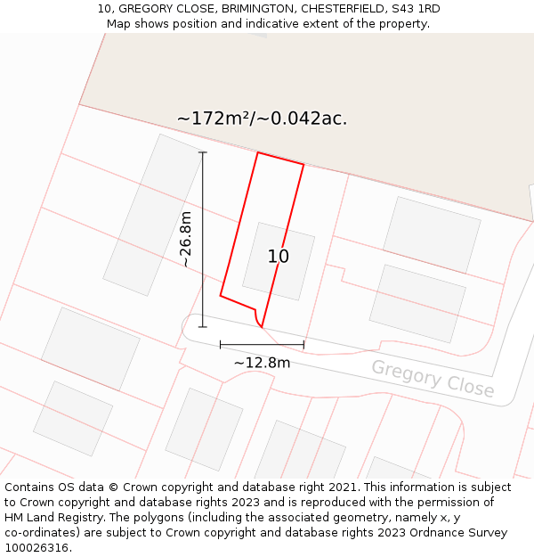 10, GREGORY CLOSE, BRIMINGTON, CHESTERFIELD, S43 1RD: Plot and title map