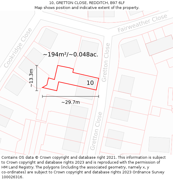 10, GRETTON CLOSE, REDDITCH, B97 6LF: Plot and title map
