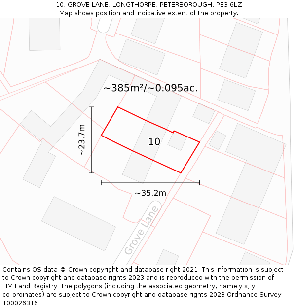 10, GROVE LANE, LONGTHORPE, PETERBOROUGH, PE3 6LZ: Plot and title map