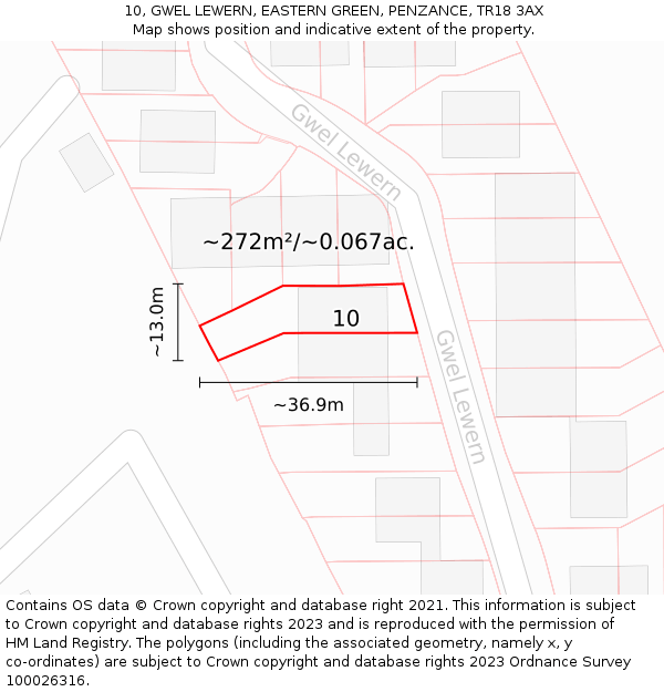 10, GWEL LEWERN, EASTERN GREEN, PENZANCE, TR18 3AX: Plot and title map
