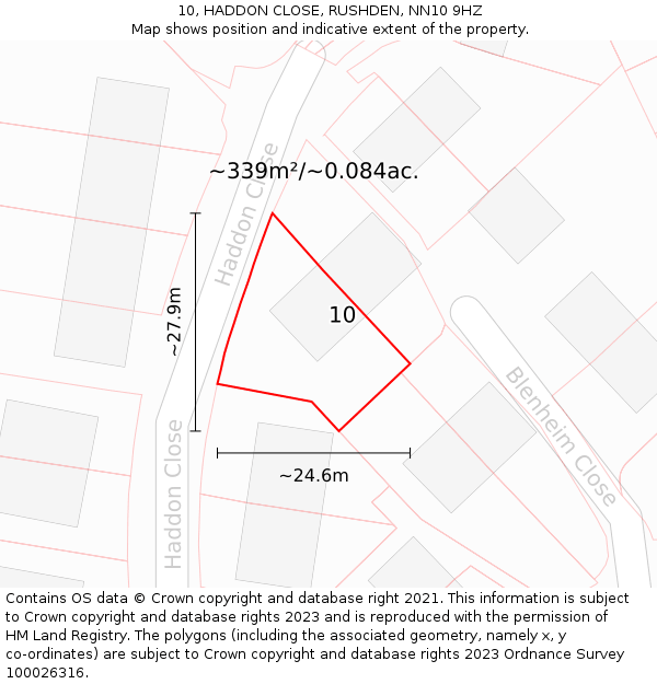 10, HADDON CLOSE, RUSHDEN, NN10 9HZ: Plot and title map