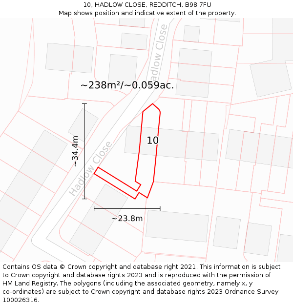 10, HADLOW CLOSE, REDDITCH, B98 7FU: Plot and title map