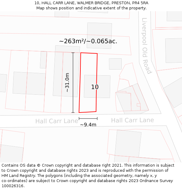 10, HALL CARR LANE, WALMER BRIDGE, PRESTON, PR4 5RA: Plot and title map