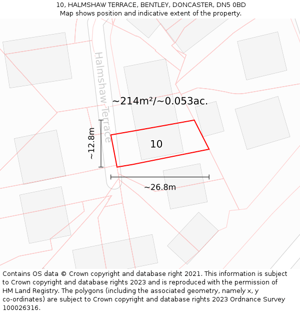 10, HALMSHAW TERRACE, BENTLEY, DONCASTER, DN5 0BD: Plot and title map