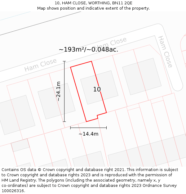 10, HAM CLOSE, WORTHING, BN11 2QE: Plot and title map