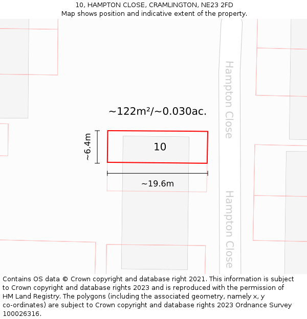 10, HAMPTON CLOSE, CRAMLINGTON, NE23 2FD: Plot and title map