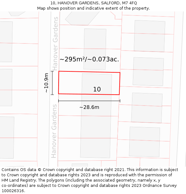 10, HANOVER GARDENS, SALFORD, M7 4FQ: Plot and title map