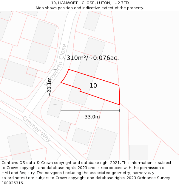 10, HANWORTH CLOSE, LUTON, LU2 7ED: Plot and title map